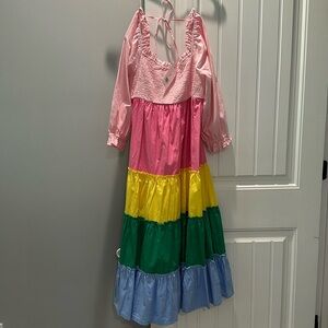 Smocked on/off shoulder color block Crown & Ivy midi size L nwt